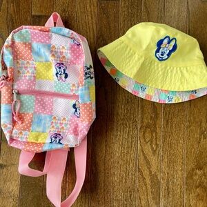 Disney Minnie Mouse Pink Patchwork Kids Backpack with Yellow Bucket Hat